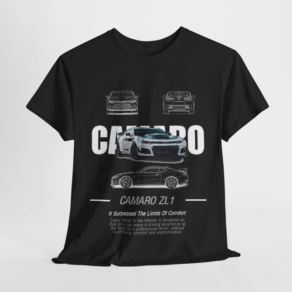 Fashionable black Men's Camaro ZL1 T-Shirt, featuring a distinctive design and text, showcasing a blend of performance and luxury in casual wear.