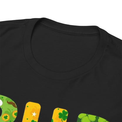 Close-up view of the neckline of a St Patrick's Day unisex graphic cotton t-shirt, showcasing the phrase 'RUB ME FOR LUCK' designed with rich shamrock and plaid details, ideal for a luxurious festive touch.