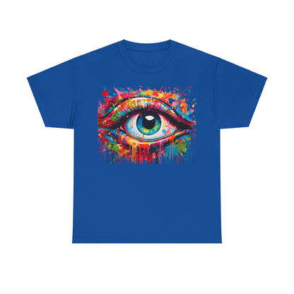 Visionary Drip Graffiti Graphic Unisex T Shirt Tee in royal blue, highlighting an elaborate eye art piece with bright colours and expressive paintwork, epitomising high-end creative wear.