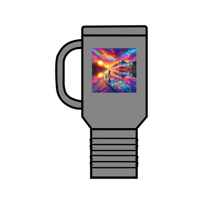 Fantasy Paddleboarding 40oz Insulated Travel Mug in silver with vibrant paddleboarding artwork, ideal for luxury outdoor adventures.