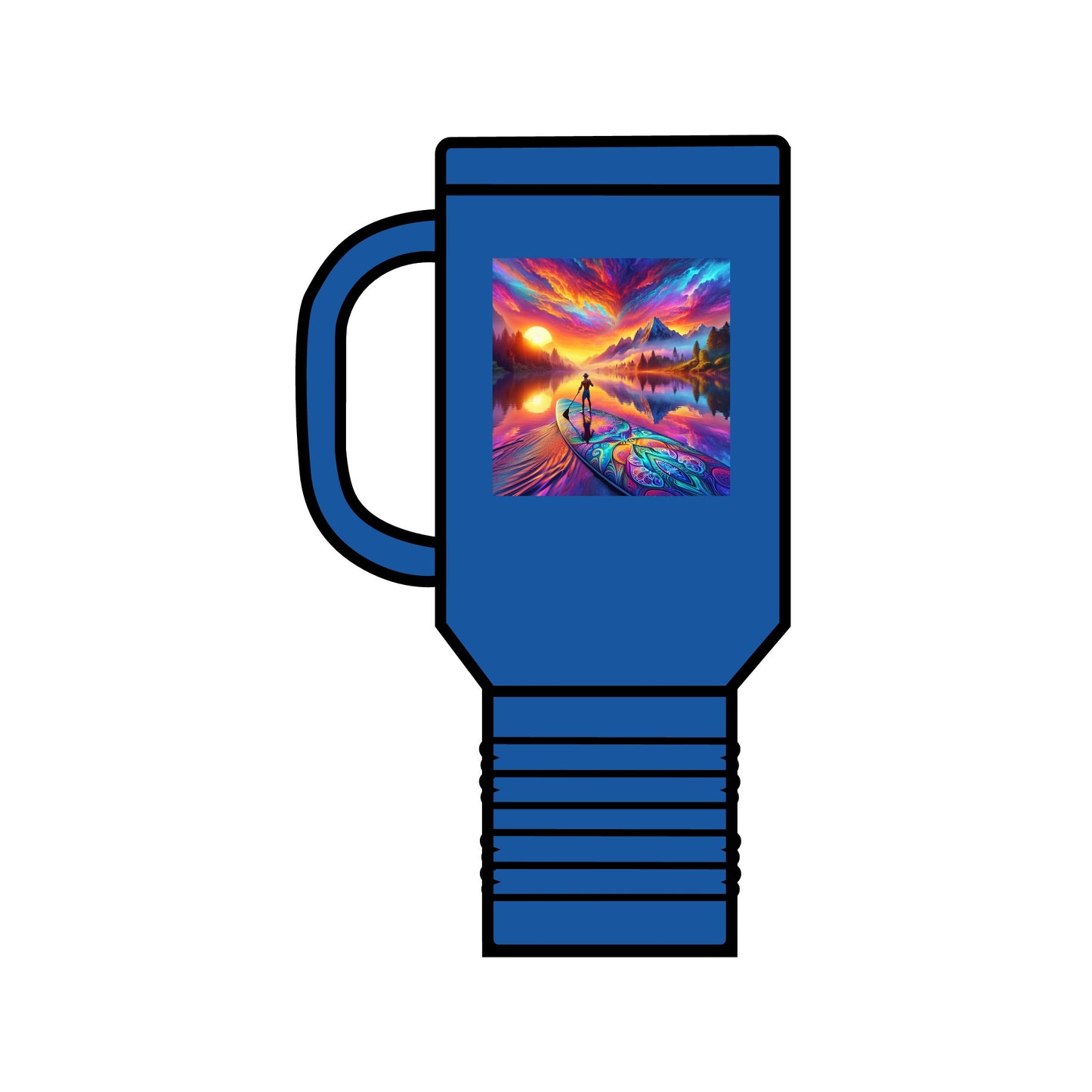 Fantasy Paddleboarding 40oz Insulated Travel Mug in blue, showcasing a vibrant artistic design of a paddleboarder against a stunning sunset backdrop. Ideal for luxurious outdoor adventures.