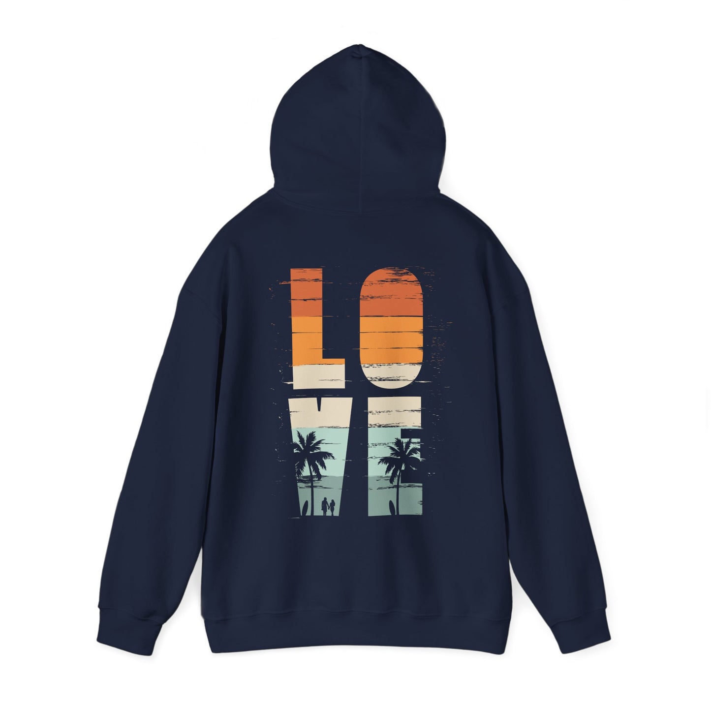 Elegant Vintage Love Back Print Hoodie featuring retro-inspired graphic design with palm trees and ocean waves, showcasing the word 'LOVE' in a warm colour palette of muted oranges, soothing teal, and serene beige.