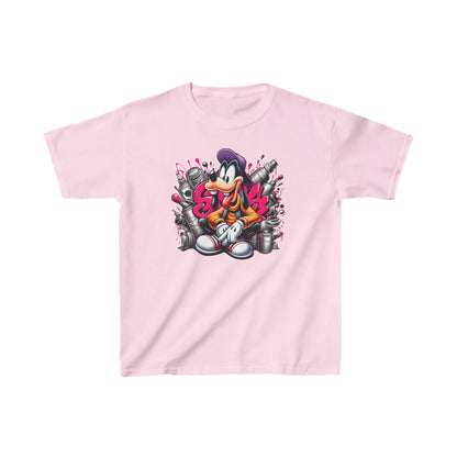 Childs Goofy Graffiti Vibe Unisex Graphic Tee Shirt Kids in elegant pink, highlighting a charming Goofy character with a street art flair.