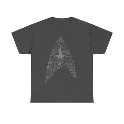 Star Trek Federation Logo Art Graphic Unisex T-Shirt in dark grey with a stylish design featuring iconic Star Trek phrases, perfect for fans of luxury apparel.