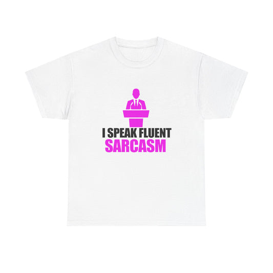 Luxurious white men's T-shirt featuring a bold graphic design with the text 'I SPEAK FLUENT SARCASM', complemented by a vibrant magenta silhouette of a speaker at a podium.