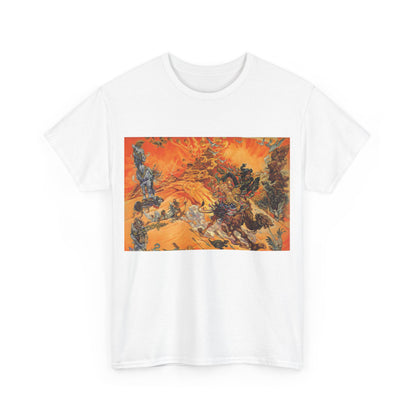 Front view of the Luxury Discworld Pyramids Graphic Unisex T-Shirt featuring an artistic graphic inspired by Terry Pratchett's Discworld, set against a vibrant orange backdrop.