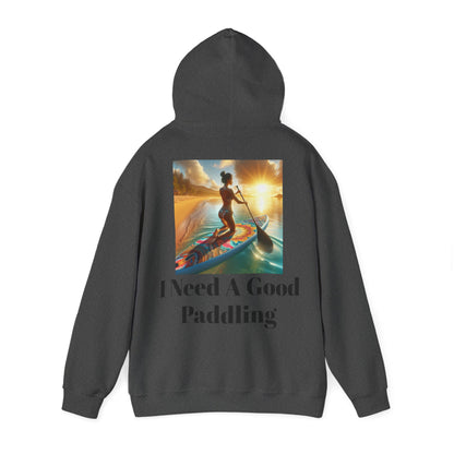 Fantasy Paddleboarding Unisex Hooded Sweatshirt in a sophisticated look, adorned with a beautiful paddleboarding illustration and the inspiring text 'I Need A Good Paddling', ideal for luxury lovers.