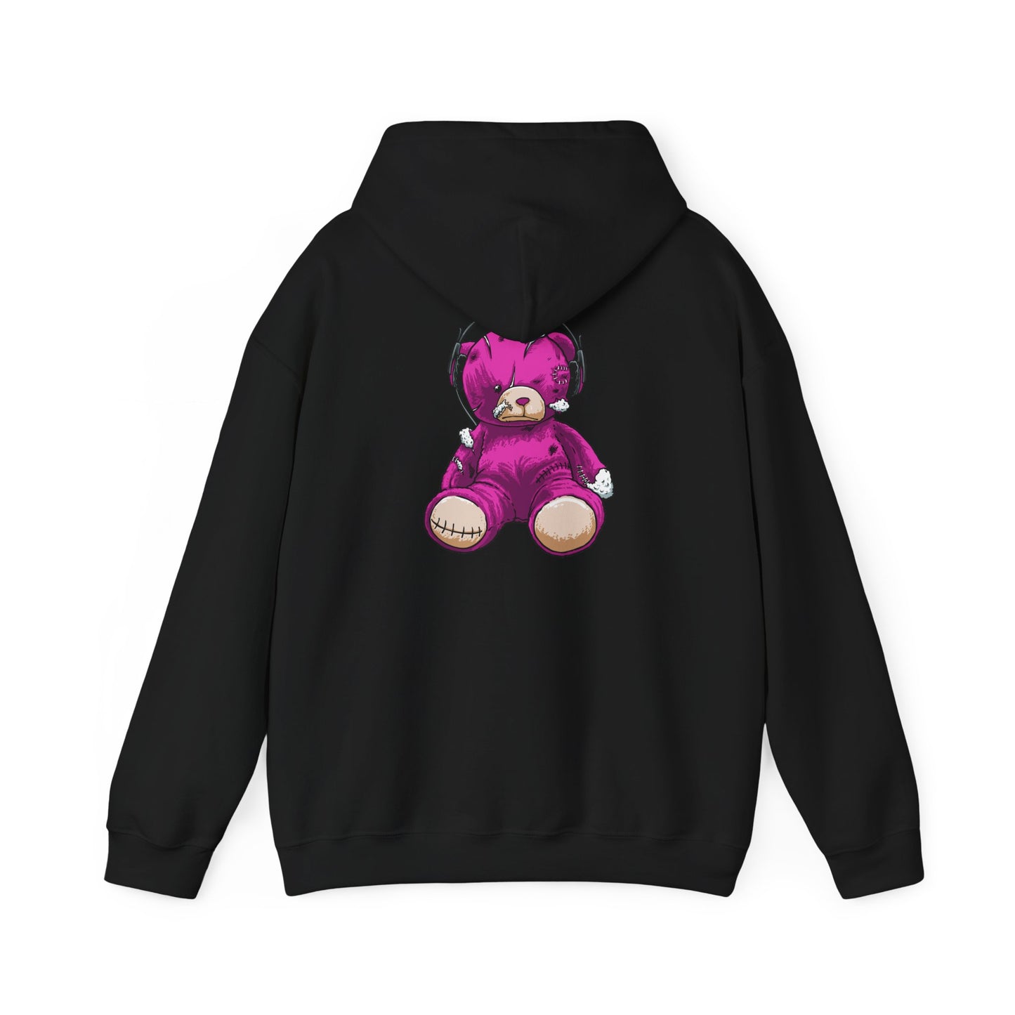 Stylish black hoodie featuring a unique distressed teddy bear illustration, combining edgy design with luxurious comfort.