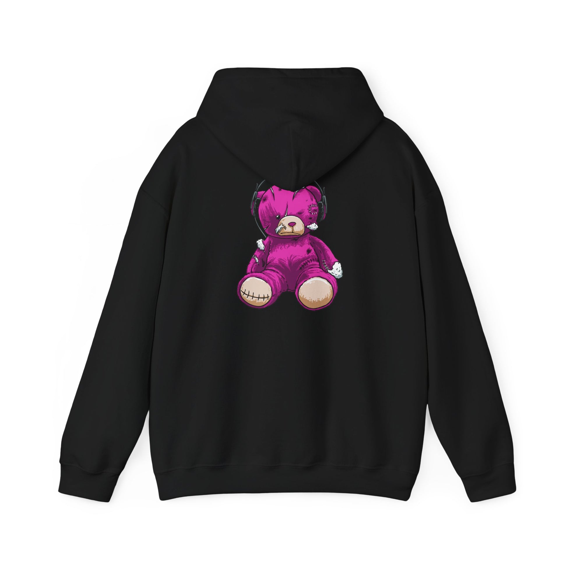 Stylish black hoodie featuring a unique distressed teddy bear illustration, combining edgy design with luxurious comfort.