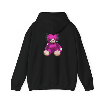 Stylish black hoodie featuring a unique distressed teddy bear illustration, combining edgy design with luxurious comfort.