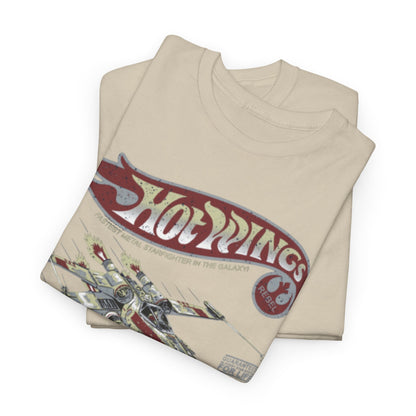 Stylishly folded Hot Wings Starfighter T-shirts showcasing the iconic graphic design of a rebel spacecraft, perfect for gifting or personal collection for fans of retro galactic themes.