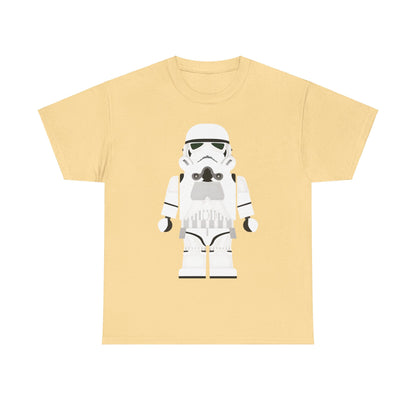 Galactic Icons LEGO Stormtrooper T-Shirt - Chic unisex graphic tee in soft yellow, beautifully depicting a unique LEGO Stormtrooper art piece.