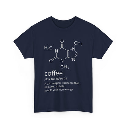 Urban Coffee Graphic T-Shirt for Men & Women - 100% Cotton Casual Streetwear Fashion featuring a chic coffee molecule graphic in white on a navy background.
