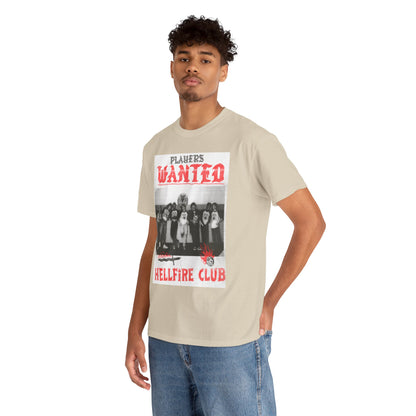 Stylish portrayal of a model wearing the Hellfire Club t-shirt, featuring a vivid graphic design that reads 'PLAYERS WANTED,' perfect for making a bold fashion statement while celebrating beloved pop culture.