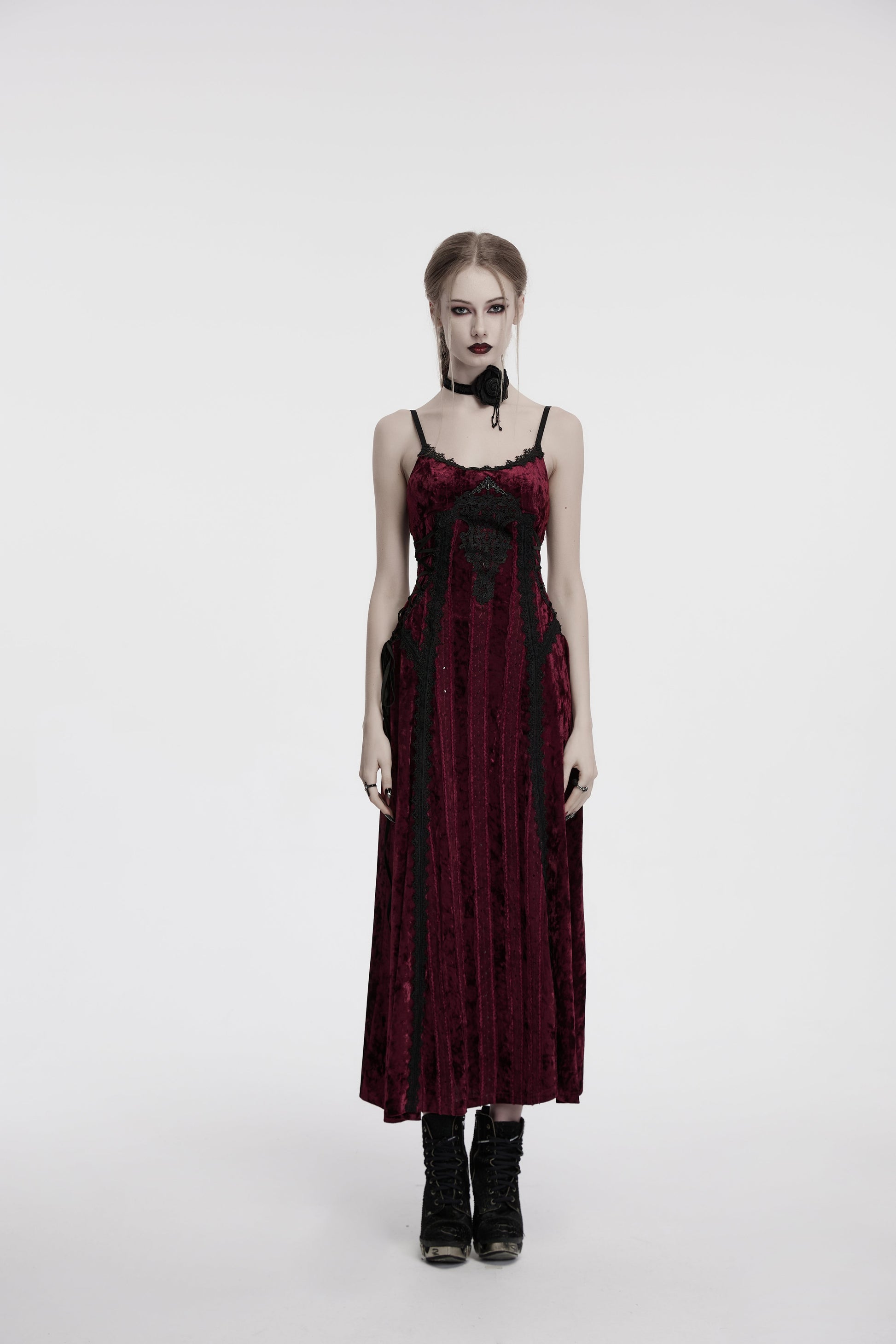 Punk Rave Vivienne Velvet Lace Panel Goth Slip Dress in Burgundy, showcasing intricate lace detailing and luxurious velvet texture.