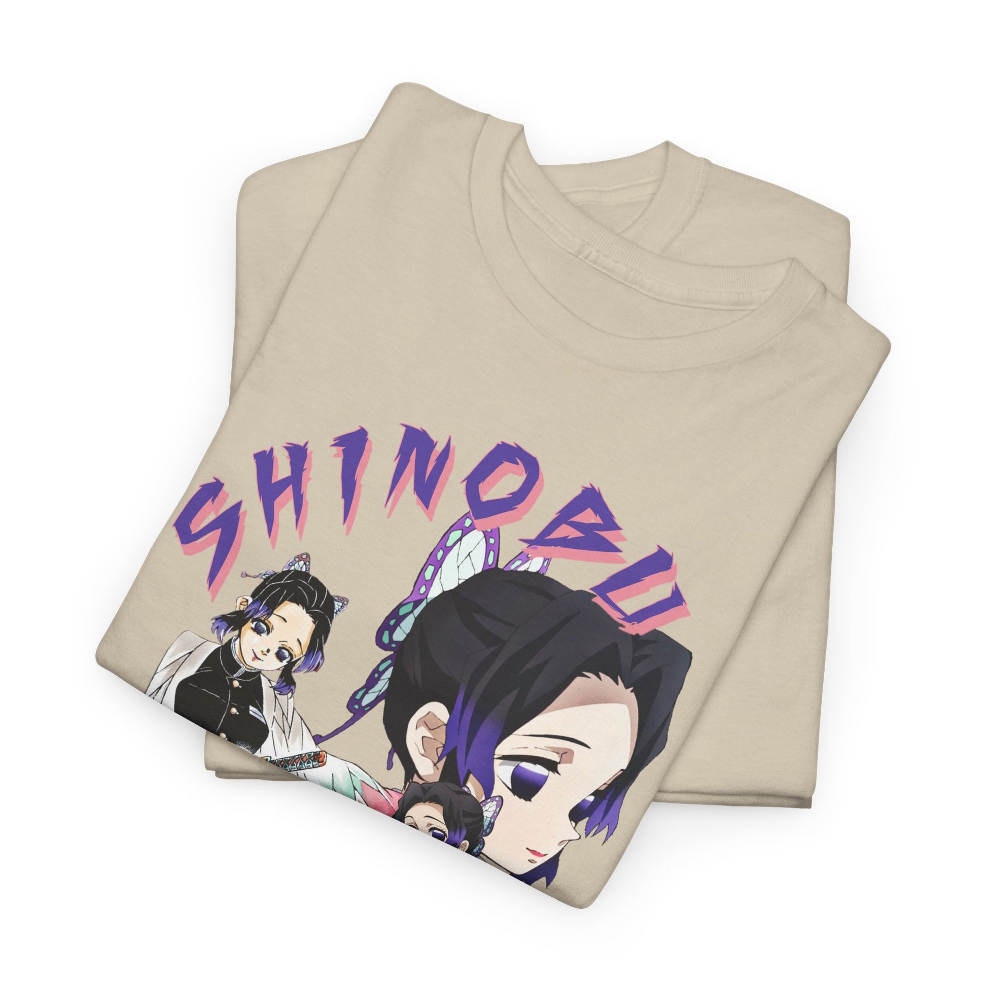 Luxurious beige t-shirt with intricate design of Shinobu Kocho, stacked to show exquisite detail and colour vibrancy.