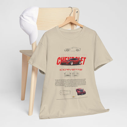 Stylish Chevrolet Corvette C6 t-shirt displayed on a hanger alongside a white cap, featuring striking graphics and technical drawings, ideal for casual sophistication.