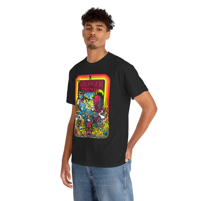 Model dons a fashionable 'Stranger Things' graphic t-shirt, reflecting a blend of nostalgia and modern style, ideal for every discerning fan.