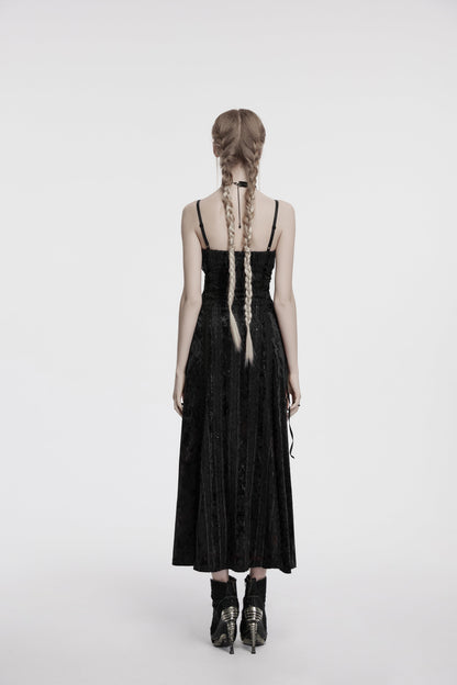 Punk Rave Morrigan Black Velvet Goth Slip Dress showcasing embroidered lace trim and adjustable spaghetti straps, perfect for elegant gothic evenings.