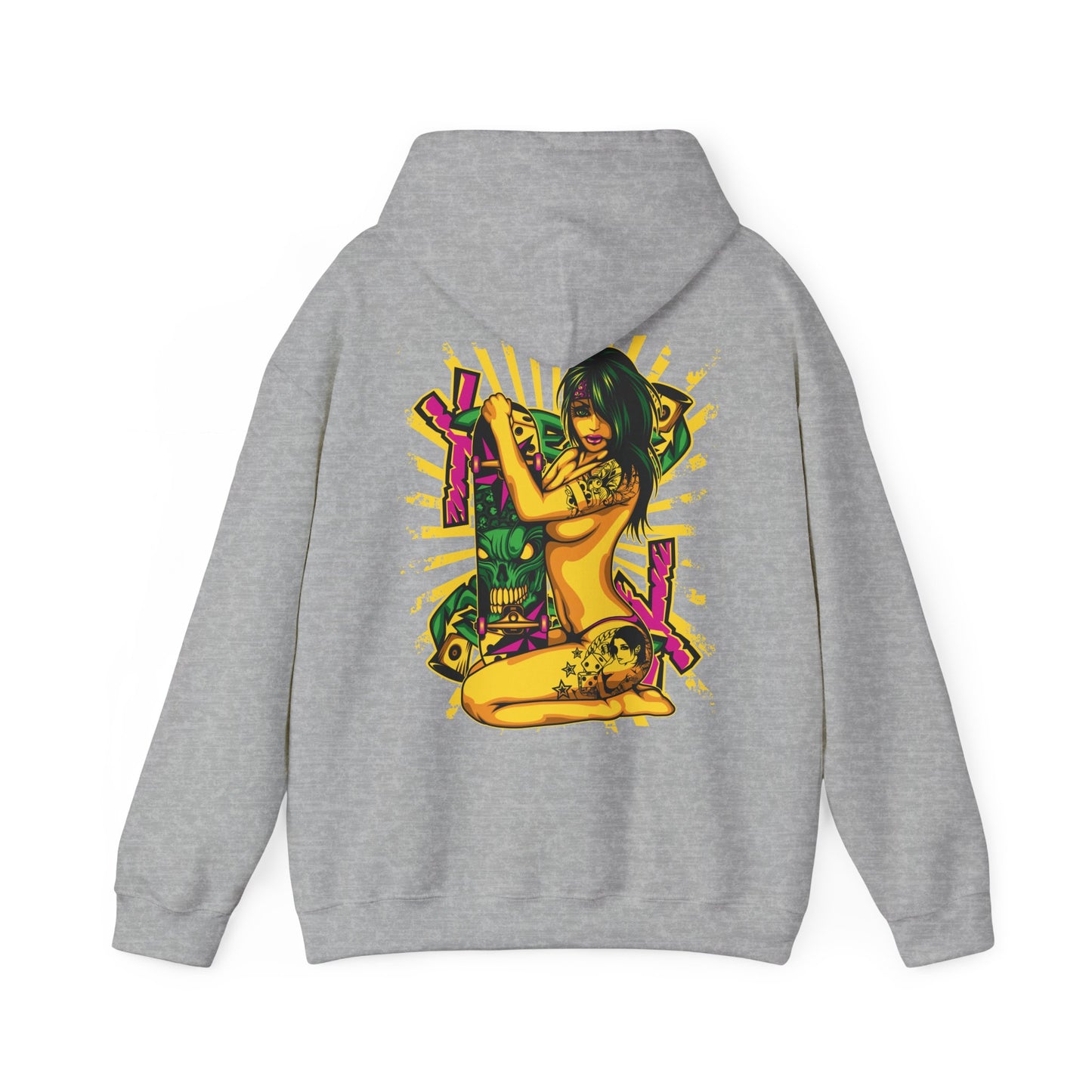 Elegant grey hoodie showcasing a stunning pop art illustration on the back. The artwork captures a poised woman with vibrant green hair and fashionable tattoos, clenching a skateboard adorned with a striking skull design, symbolising artistic flair and urban energy.