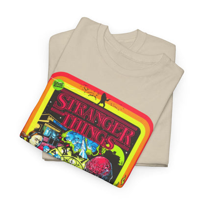Luxurious collection of folded Stranger Things t-shirts, highlighting striking graphic designs, ideal for fashion-forward enthusiasts.