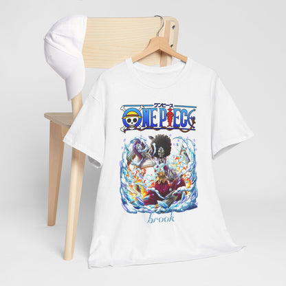 Elegant presentation of a white t-shirt featuring Brook from One Piece, displayed on a wooden hanger near a chic chair, showcasing bold anime artistry.