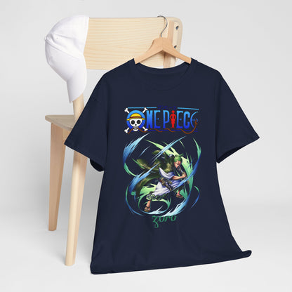 Stylish navy t-shirt displaying a captivating Zoro graphic from One Piece, paired with a white cap, offering a chic outfit option for anime lovers.