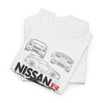 Nissan GTR R35 T-Shirt showcasing technical illustrations and dimensions of the iconic vehicle, designed for both men and women, from Dazzling Dreams Studio.