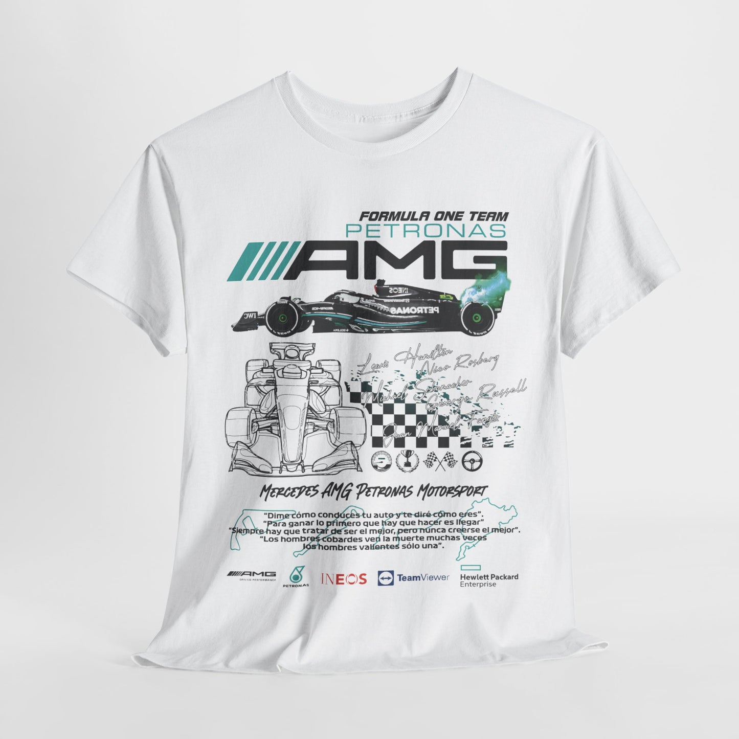 Men's luxury white t-shirt featuring Mercedes F1 Petronas branding and dynamic race car graphics, designed for motorsport enthusiasts.