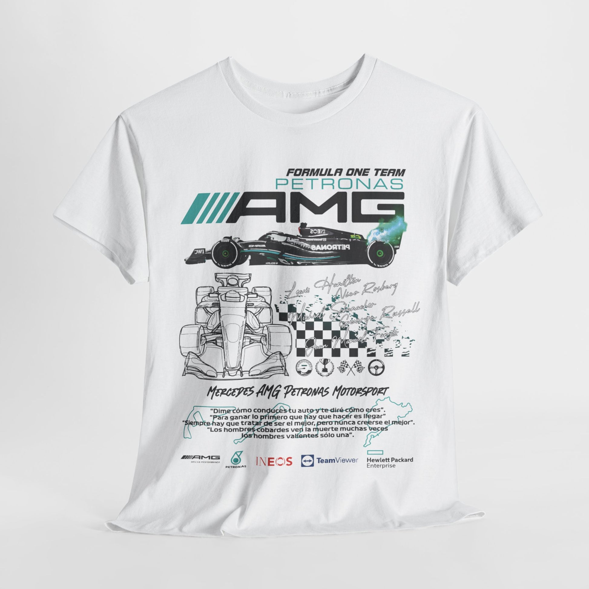 Men's luxury white t-shirt featuring Mercedes F1 Petronas branding and dynamic race car graphics, designed for motorsport enthusiasts.