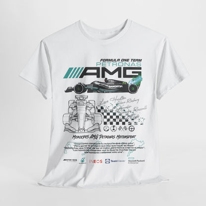 Men's luxury white t-shirt featuring Mercedes F1 Petronas branding and dynamic race car graphics, designed for motorsport enthusiasts.
