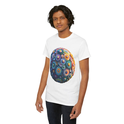 Model wearing the Iridescent Floral Sphere Unisex Cotton Tee Graphic T Shirt, featuring a vibrant floral sphere graphic that enhances a chic casual look.