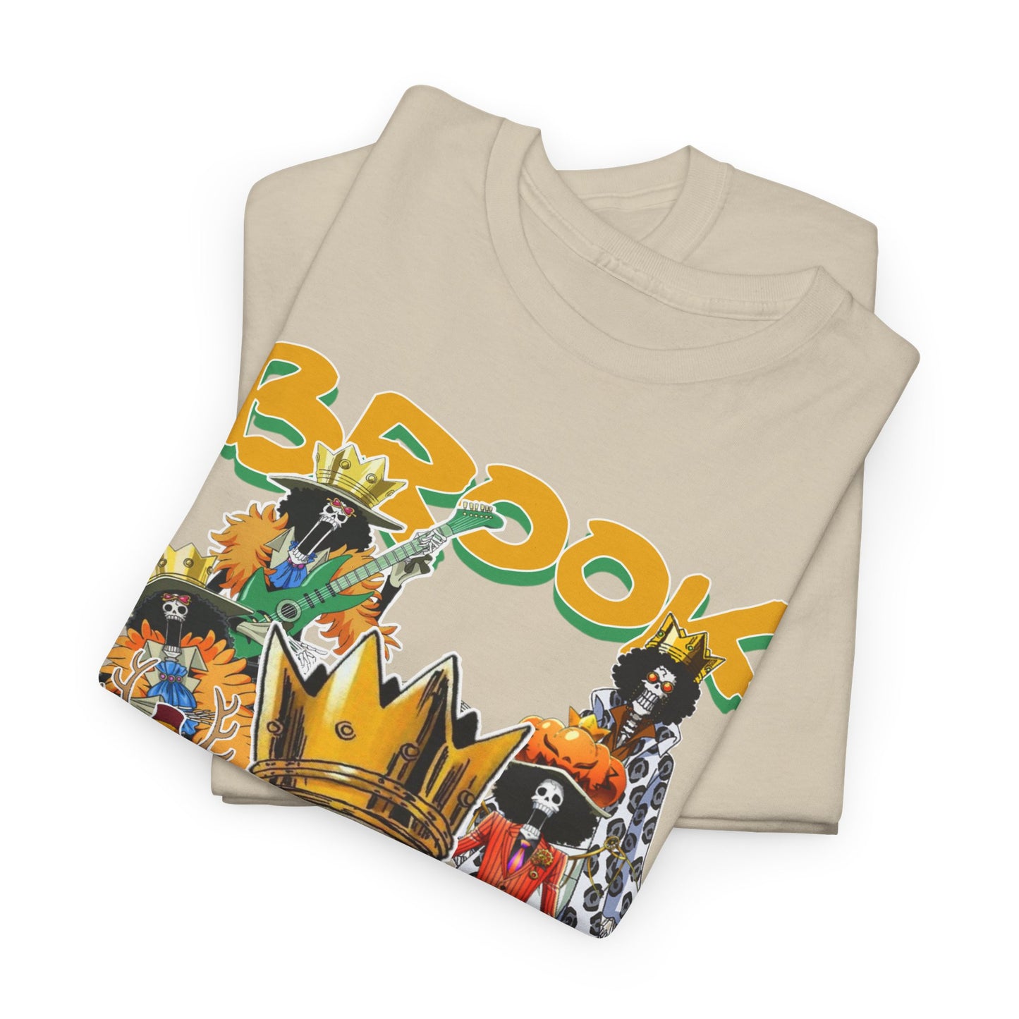 Folded beige t-shirt displaying a stunning graphic design of Brook characters, an exquisite addition to any anime fan’s wardrobe.