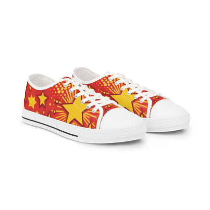 Stormy Boltson Men's Lowtop Sneakers featuring a vibrant red pop art design with playful yellow star accents, beautifully displayed from a side angle.