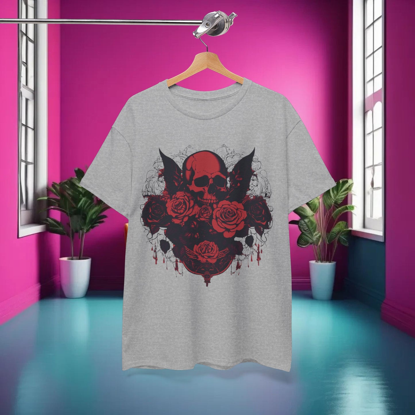 Skulls and Roses Cotton Tee, Unisex Graphic Shirt, 7 color choice