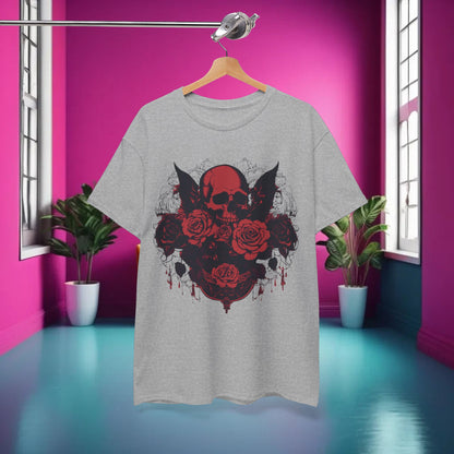 Skulls and Roses Cotton Tee displayed on a hanger in a stylish interior, showcasing luxurious fabric and unique steampunk design.