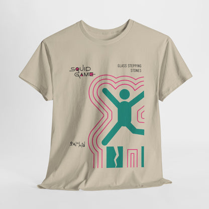 Luxury Squid Game graphic t-shirt featuring intricate glass stepping stones design in elegant teal and pink, perfect for fashion-forward fans.