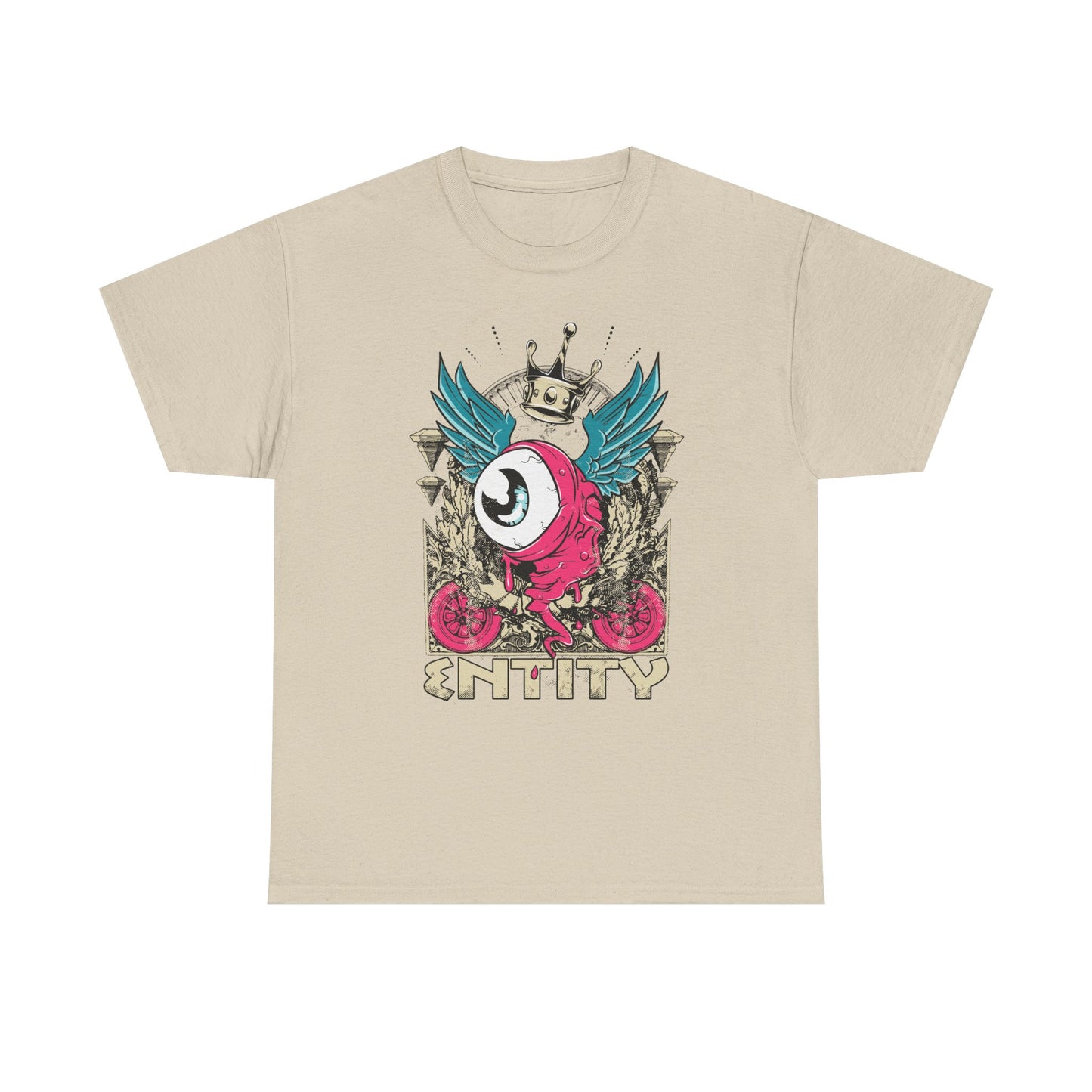 Elegant beige men's t-shirt displaying a striking grotesque eye design complemented by teal wings and a regal crown, ideal for artistic style enthusiasts.