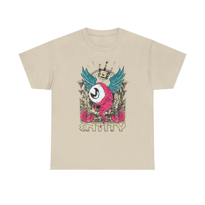Elegant beige men's t-shirt displaying a striking grotesque eye design complemented by teal wings and a regal crown, ideal for artistic style enthusiasts.