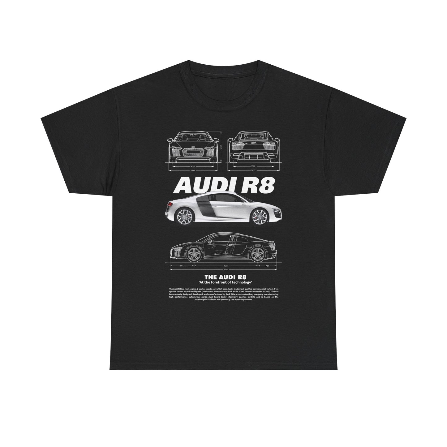 Elegant men's t-shirt adorned with a sophisticated Audi R8 layout, highlighting intricate details and measurements, presented in striking white against a black backdrop.