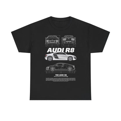 Stylish black men's t-shirt showcasing a sleek graphic of the Audi R8 from multiple angles, complemented by the phrase 'The Audi R8: At the forefront of technology', perfect for car enthusiasts.