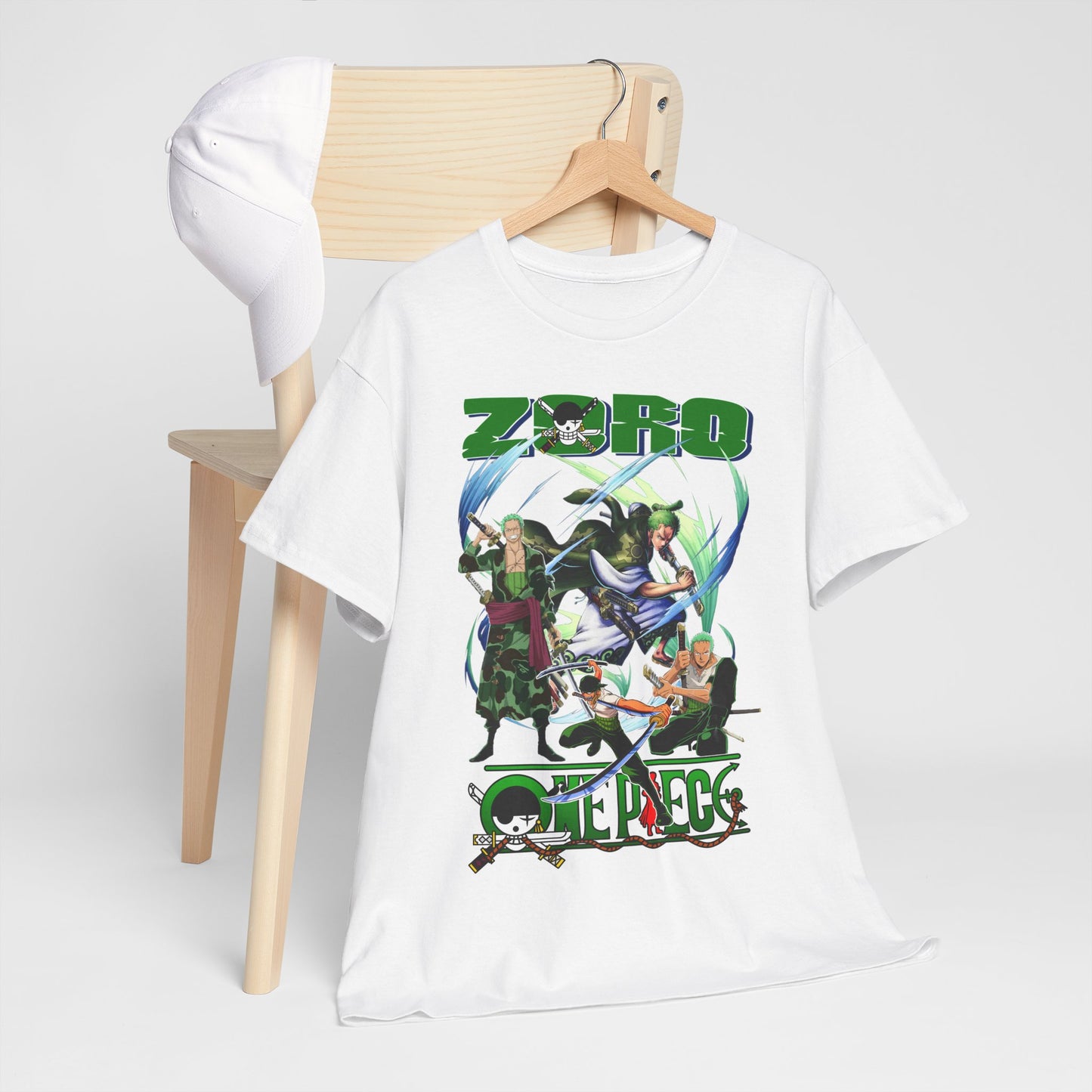 Luxurious One Piece graphic t-shirt featuring Zoro, showcasing vibrant colours and intricate character design, elegantly displayed on a wooden hanger with a matching cap.