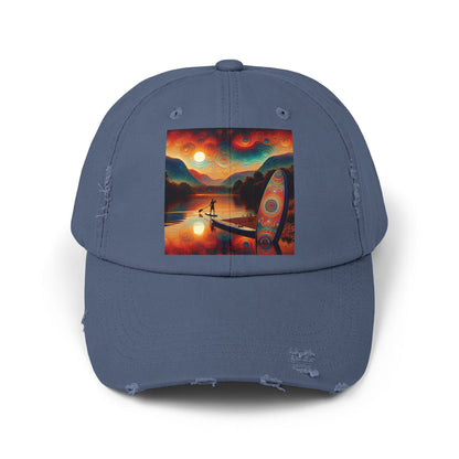 Unisex Distressed Paddleboarders Cap in elegant navy blue, highlighting a beautiful paddleboarding illustration, ideal for stylish sun protection for paddleboarding enthusiasts.