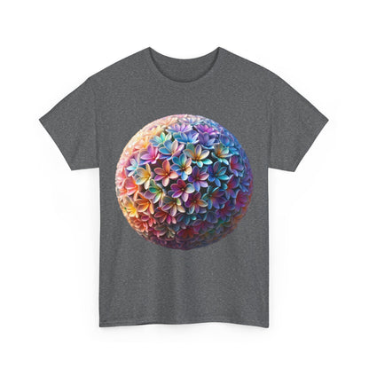 Front view of Iridescent Floral Sphere Unisex Cotton Tee Graphic T Shirt featuring a vibrant floral sphere graphic, perfect for a chic and trendy look.
