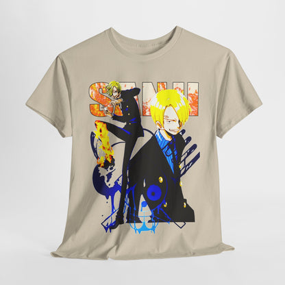 Stylish beige t-shirt displaying captivating anime artwork, illustrating a bold character in action, emphasizing contemporary fashion for anime enthusiasts.