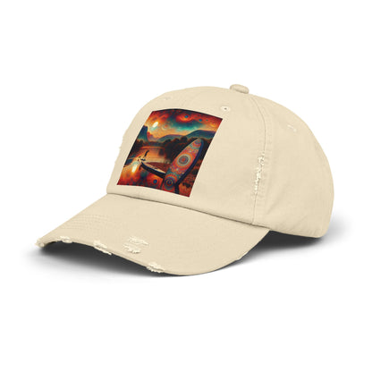 Unisex Distressed Paddleboarders Cap showcasing a vibrant paddleboarding scene, ideal for sun protection and stylish outings on the water.