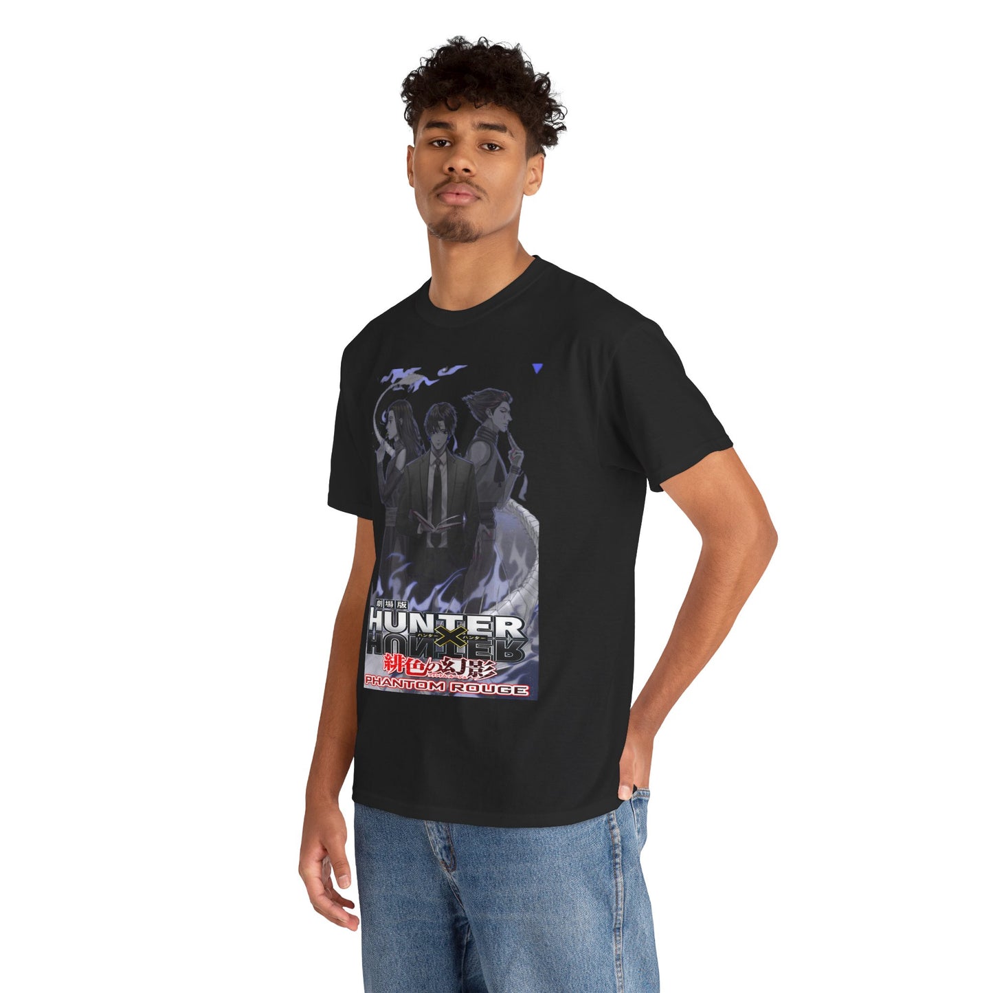 Stylish model showcasing a Hunter x Hunter inspired T-shirt, featuring intricate character designs and a vibrant graphic print, perfect for anime enthusiasts embracing their unique style.