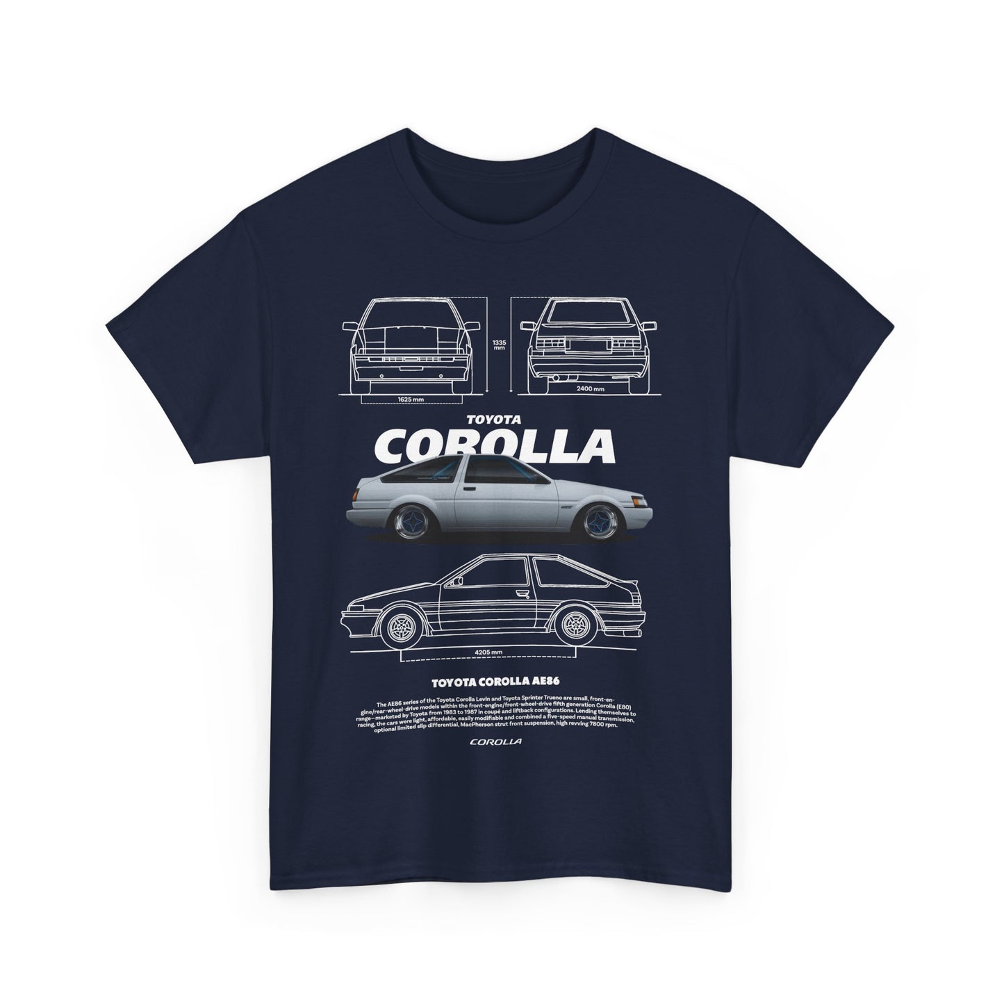 Navy blue T-shirt displaying a refined illustration of the Toyota Corolla AE86, showcasing automotive artistry and premium fashion.