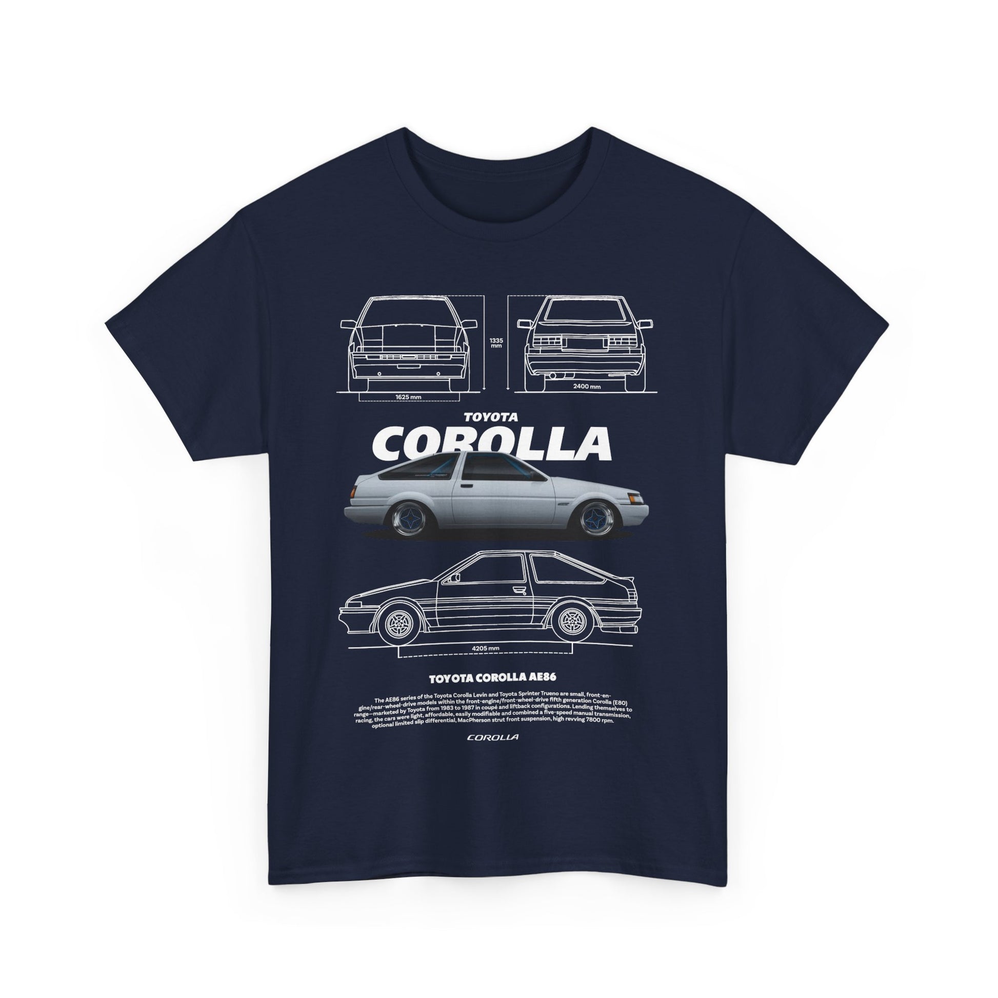 Navy blue T-shirt displaying a refined illustration of the Toyota Corolla AE86, showcasing automotive artistry and premium fashion.