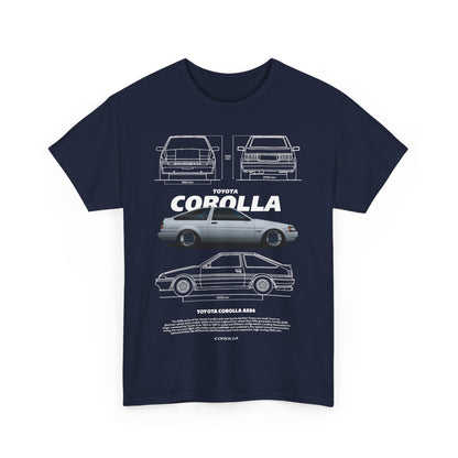 Navy blue T-shirt displaying a refined illustration of the Toyota Corolla AE86, showcasing automotive artistry and premium fashion.
